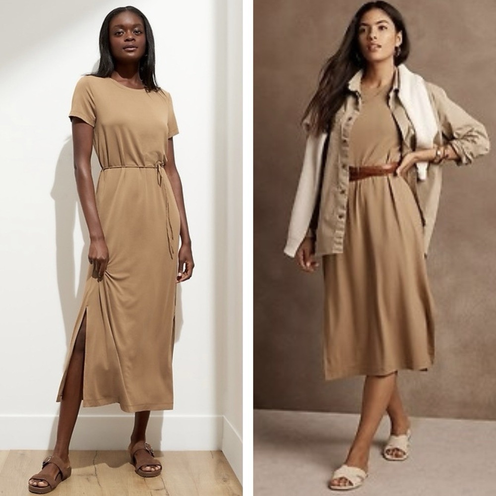 NWT Banana Republic Midi T Shirt Dress Size L Iced‎ Latte Brown Belted Casual